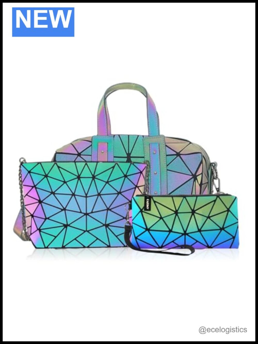 Geometric Nylon Holographic Shoulder Bag Set with Clutch and Wristlet
